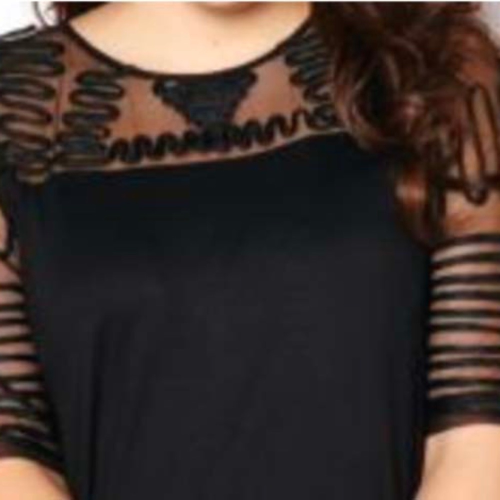TUNIC, RIBBON & MESH DETAIL, BLACK, SIZE 4X, RAYON/SPANDEX, ¾ SLEEVES, PULL ON,
